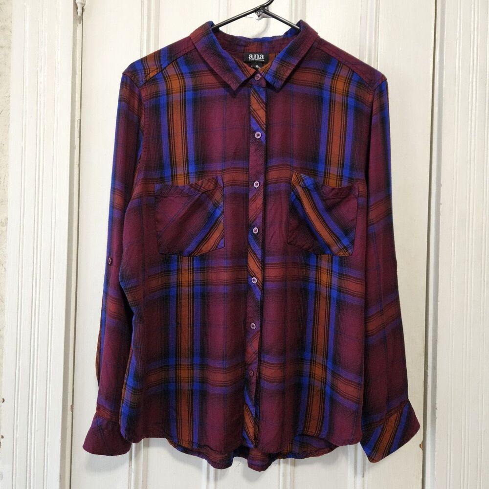 a.n.a Women's Lightweight Plaid Button-Down Roll Tab Shirt XL